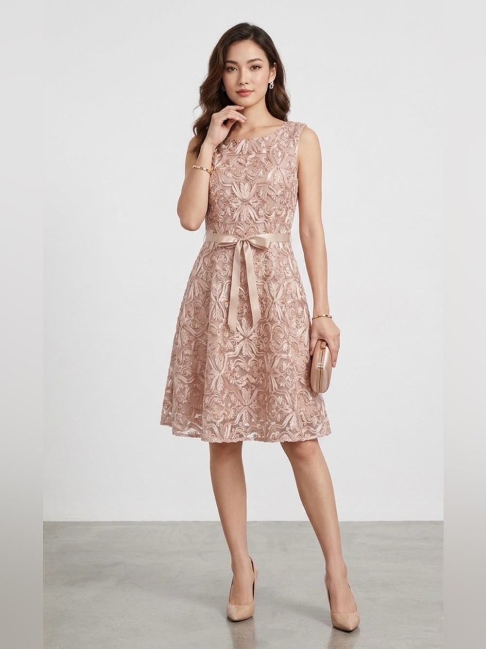 Alex Evenings Pink Blush Nude Ribbon Rosette Fit & Flare Cocktail Dress, Size 14